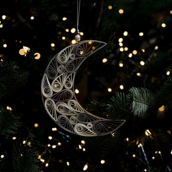 BWC Quilled Gold & White Moon Paper Ornament - Rancho Diaz