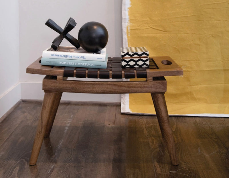 CCO Mango Wood & Woven Leather Stool with Handles(Curbside & in-store pick up only) - Rancho Diaz