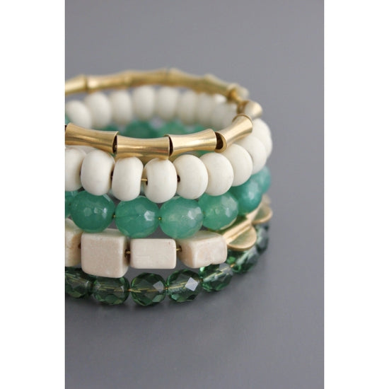 DAJ Stacked Bracelets: Glass, Brass, Magnesite - Rancho Diaz