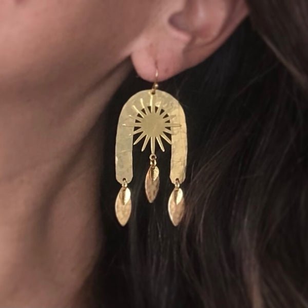 VVF* Hand Hammered Brass Sun and Leaves Earrings - Rancho Diaz