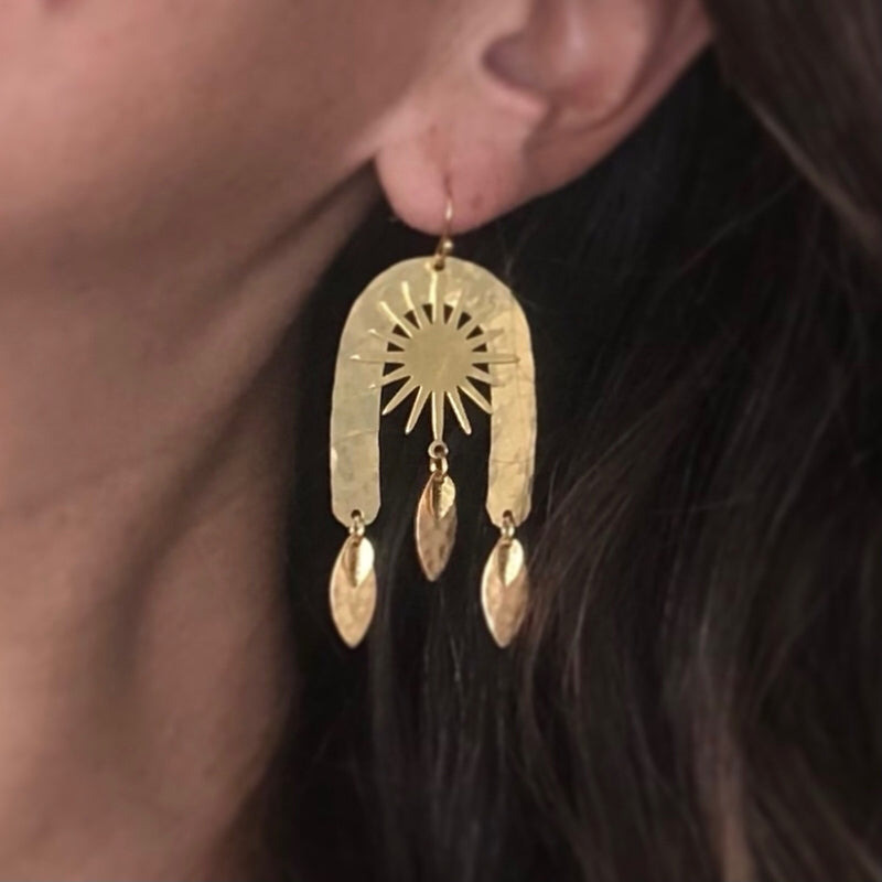 VVF Hand Hammered Brass Sun and Leaves Earrings - Rancho Diaz
